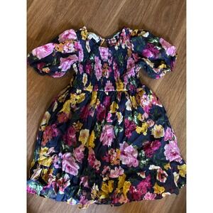 Isobella & Chloe Girls Navy Floral Smocked Puff Sleeve Tiered Dress Size 8